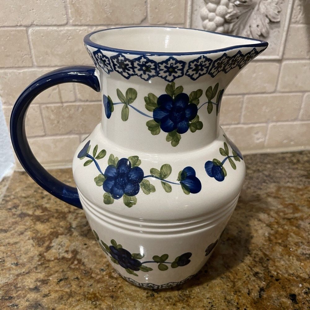 Tabletops Gallery Pitcher 8.5 Inch Nicolette White Blue Flowers Ceramic
